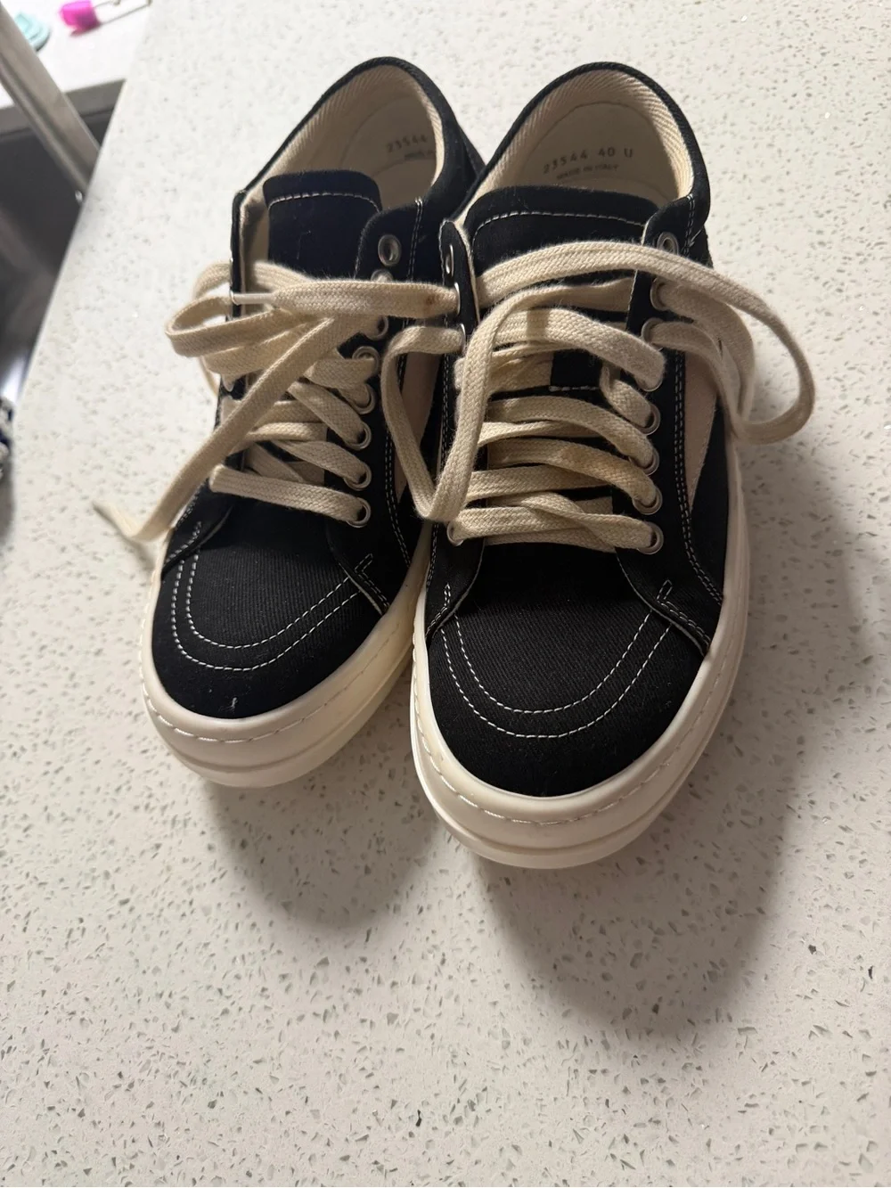 Rick Owens Black Canvas Sneakers with Cream Laces